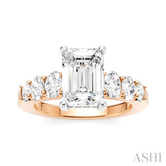 1 Ctw Emerald Shape Oval and Round Cut Diamond Semi-Mount Engagement Ring in 14K Rose and White Gold