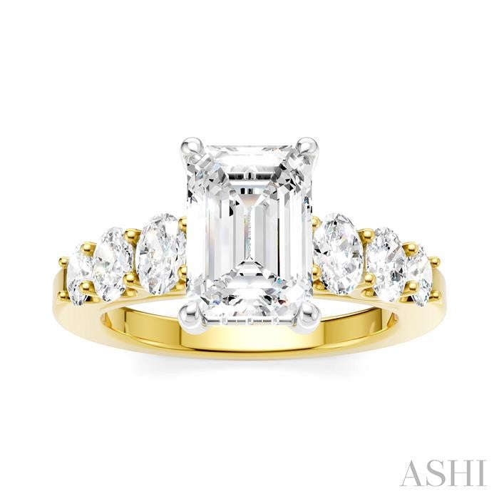 1 Ctw Emerald Shape Oval and Round Cut Diamond Semi-Mount Engagement Ring in 14K Yellow and White Gold