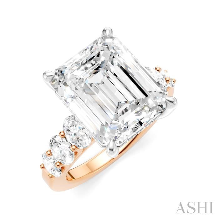 1 1/4 Ctw Emerald Shape Oval and Round Cut Diamond Semi-Mount Engagement Ring in 14K Rose and White Gold