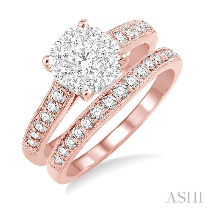 1 Ctw Diamond Wedding Set with 3/4 Ctw Lovebright Round Cut Engagement Ring and 1/4 Ctw Wedding Band in 14K Rose and White Gold