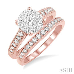 1 Ctw Diamond Wedding Set with 3/4 Ctw Lovebright Round Cut Engagement Ring and 1/4 Ctw Wedding Band in 14K Rose and White Gold