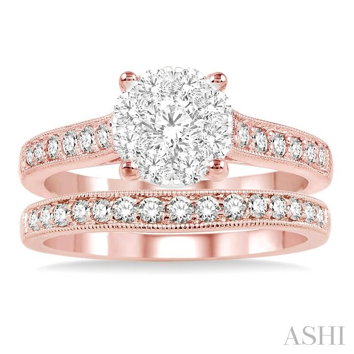 1 Ctw Diamond Wedding Set with 3/4 Ctw Lovebright Round Cut Engagement Ring and 1/4 Ctw Wedding Band in 14K Rose and White Gold