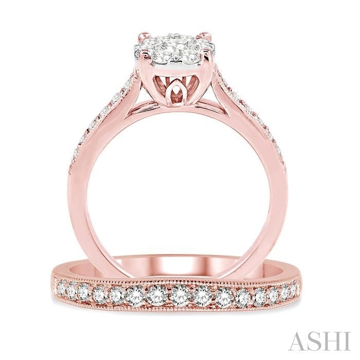 1 Ctw Diamond Wedding Set with 3/4 Ctw Lovebright Round Cut Engagement Ring and 1/4 Ctw Wedding Band in 14K Rose and White Gold