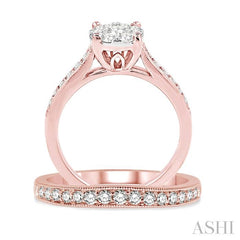 1 Ctw Diamond Wedding Set with 3/4 Ctw Lovebright Round Cut Engagement Ring and 1/4 Ctw Wedding Band in 14K Rose and White Gold