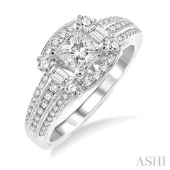 1 Ctw Diamond Engagement Ring with 1/2 Ct Princess Cut Center Stone in 14K White Gold