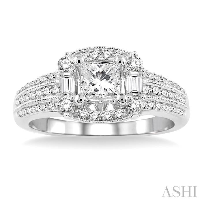 1 Ctw Diamond Engagement Ring with 1/2 Ct Princess Cut Center Stone in 14K White Gold