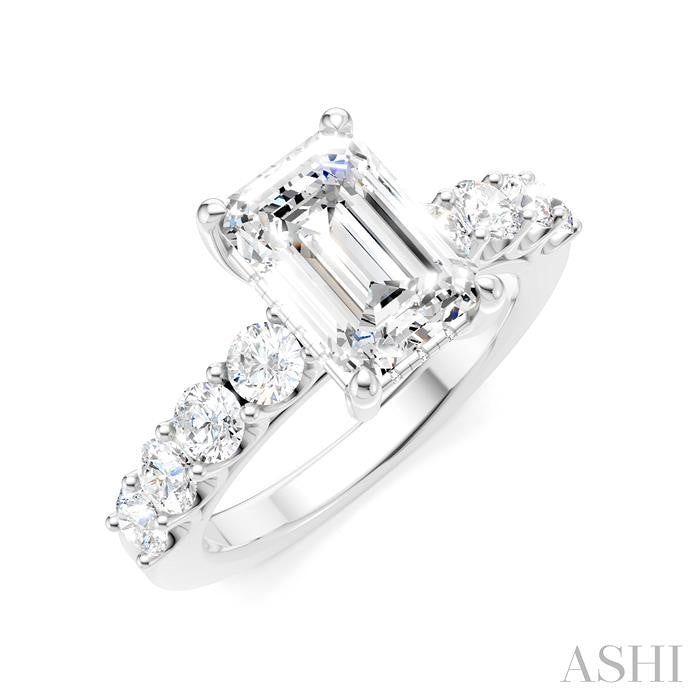 7/8 Ctw Emerald Shape Round Cut Diamond Semi-Mount Engagement Ring in 14K White Gold