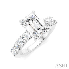 7/8 Ctw Emerald Shape Round Cut Diamond Semi-Mount Engagement Ring in 14K White Gold