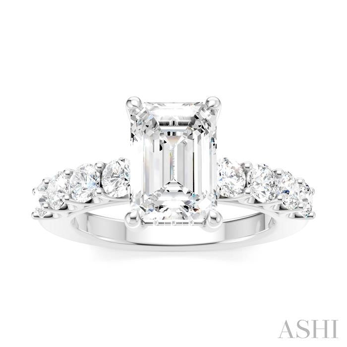 7/8 Ctw Emerald Shape Round Cut Diamond Semi-Mount Engagement Ring in 14K White Gold