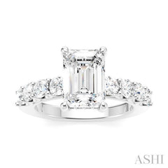 7/8 Ctw Emerald Shape Round Cut Diamond Semi-Mount Engagement Ring in 14K White Gold