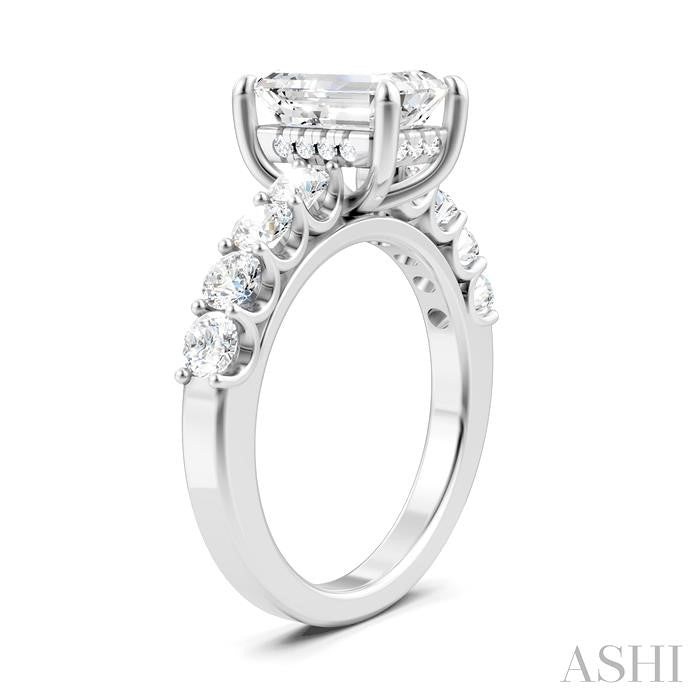 7/8 Ctw Emerald Shape Round Cut Diamond Semi-Mount Engagement Ring in 14K White Gold