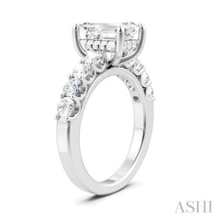 7/8 Ctw Emerald Shape Round Cut Diamond Semi-Mount Engagement Ring in 14K White Gold