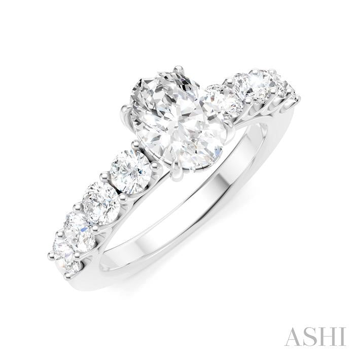 7/8 Ctw Oval Shape Round Cut Diamond Semi-Mount Engagement Ring in 14K White Gold