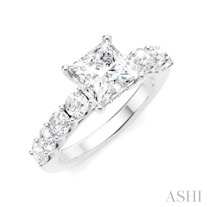 7/8 Ctw Princess Shape Round Cut Diamond Semi-Mount Engagement Ring in 14K White Gold