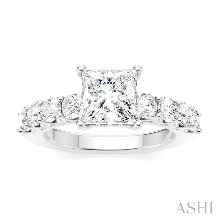 7/8 Ctw Princess Shape Round Cut Diamond Semi-Mount Engagement Ring in 14K White Gold