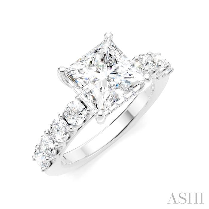 7/8 Ctw Princess Shape Round Cut Diamond Semi-Mount Engagement Ring in 14K White Gold