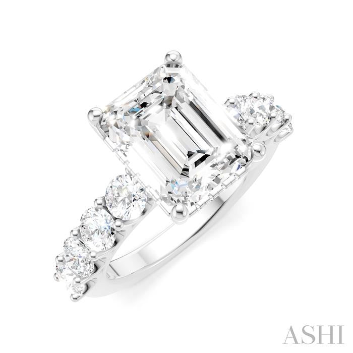 1 1/3 Ctw Emerald Shape Round Cut Diamond Semi-Mount Engagement Ring in 14K White Gold