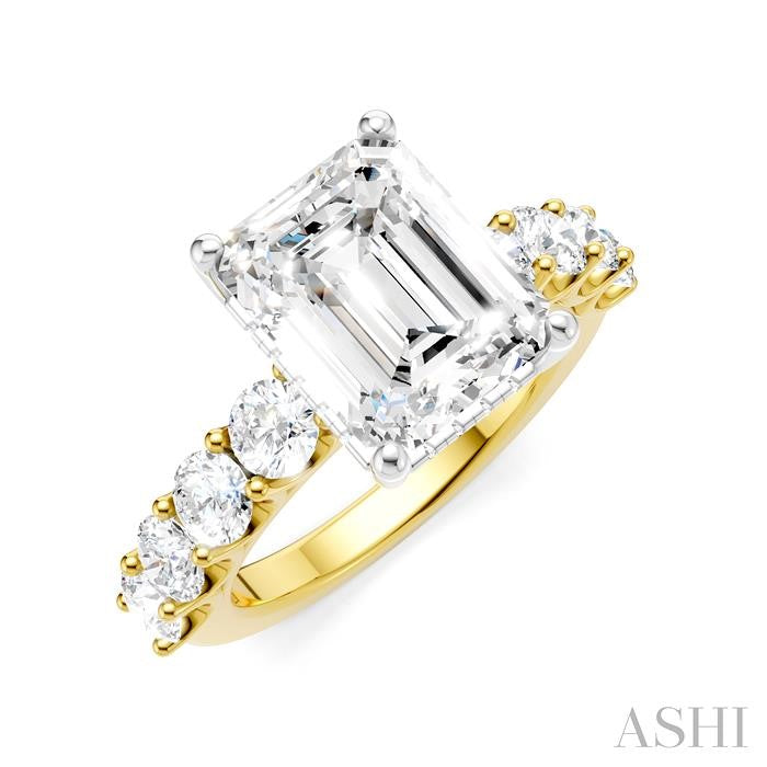 1 1/3 Ctw Emerald Shape Round Cut Diamond Semi-Mount Engagement Ring in 14K Yellow and White Gold