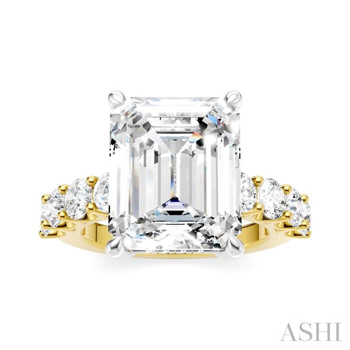 1 1/3 Ctw Emerald Shape Round Cut Diamond Semi-Mount Engagement Ring in 14K Yellow and White Gold