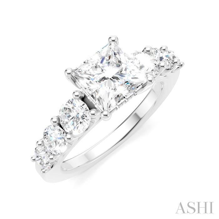 1 1/10 Ctw Princess Shape Round Cut Diamond Semi-Mount Engagement Ring in 14K White Gold