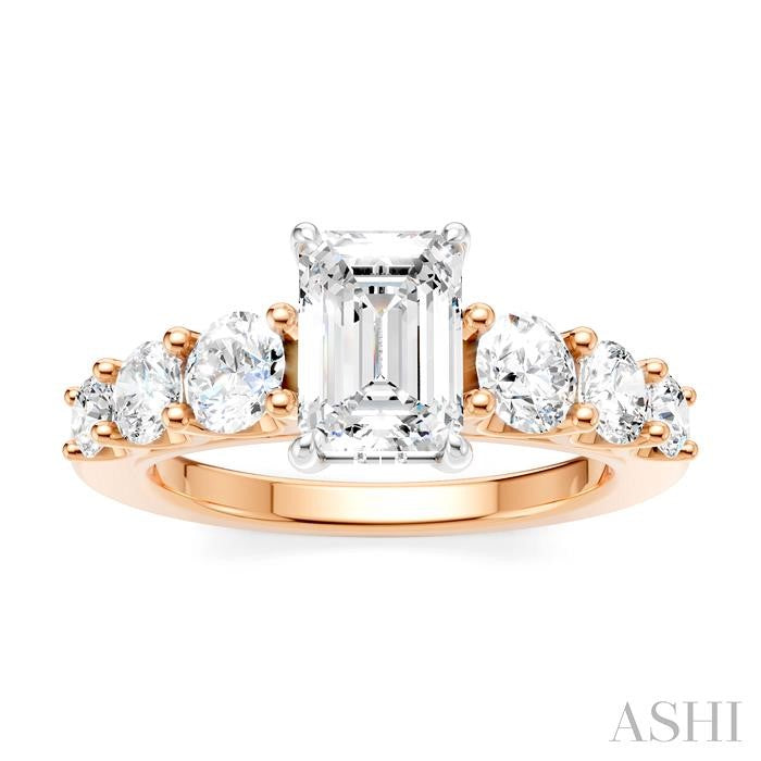 1 1/10 Ctw Emerald Shape Round Cut Diamond Semi-Mount Engagement Ring in 14K Rose and White Gold
