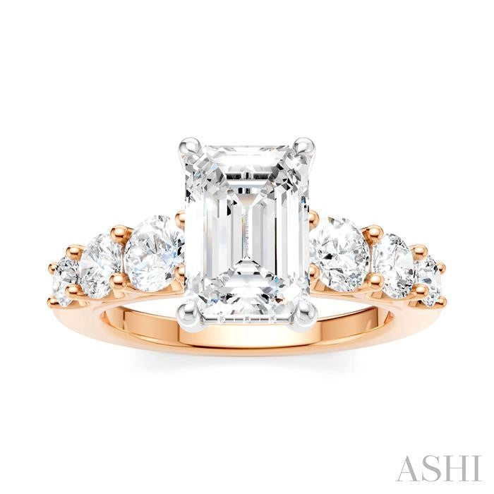 1 1/10 Ctw Emerald Shape Round Cut Diamond Semi-Mount Engagement Ring in 14K Rose and White Gold