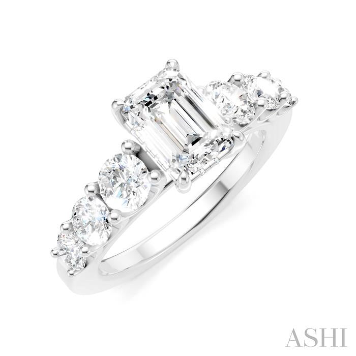 1 1/10 Ctw Emerald Shape Round Cut Diamond Semi-Mount Engagement Ring in 14K White Gold
