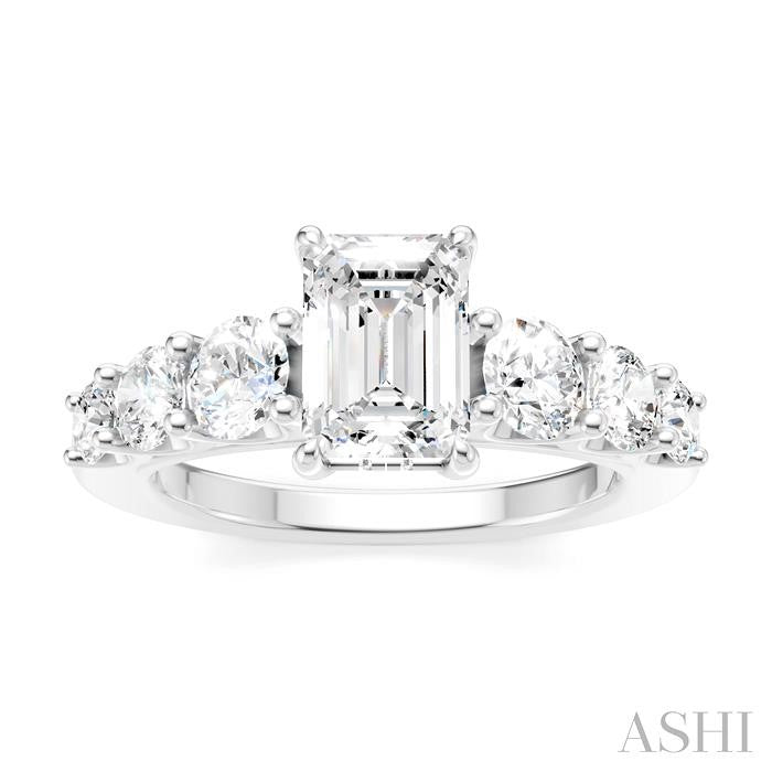 1 1/10 Ctw Emerald Shape Round Cut Diamond Semi-Mount Engagement Ring in 14K White Gold