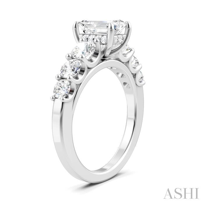 1 1/10 Ctw Emerald Shape Round Cut Diamond Semi-Mount Engagement Ring in 14K White Gold