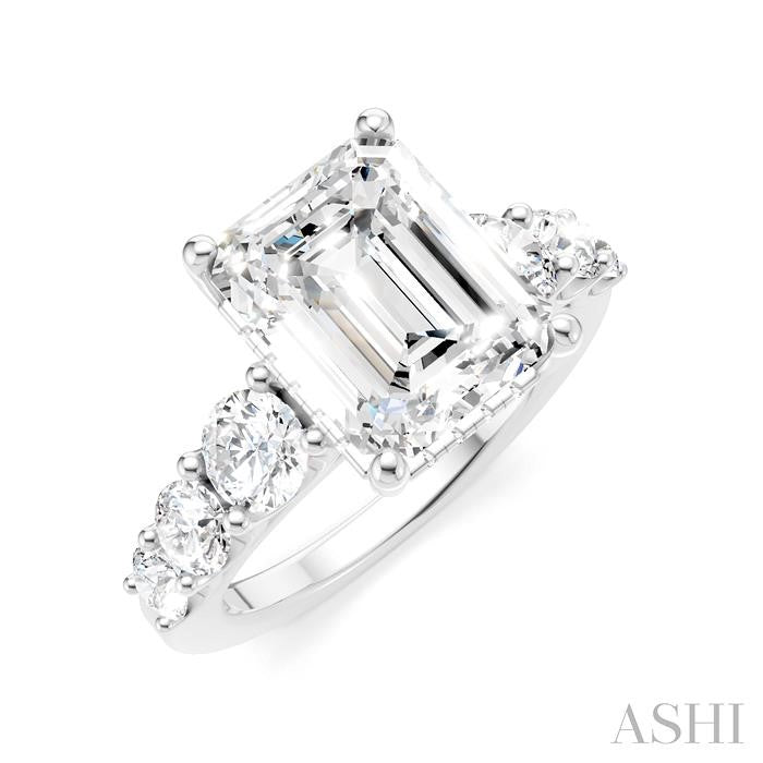 1 1/5 Ctw Emerald Shape Round Cut Diamond Semi-Mount Engagement Ring in 14K White Gold