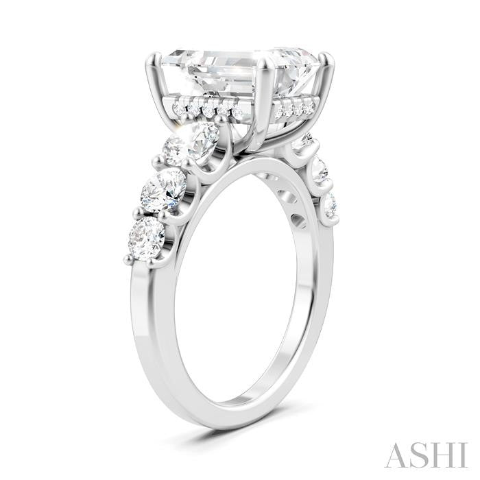 1 1/5 Ctw Emerald Shape Round Cut Diamond Semi-Mount Engagement Ring in 14K White Gold