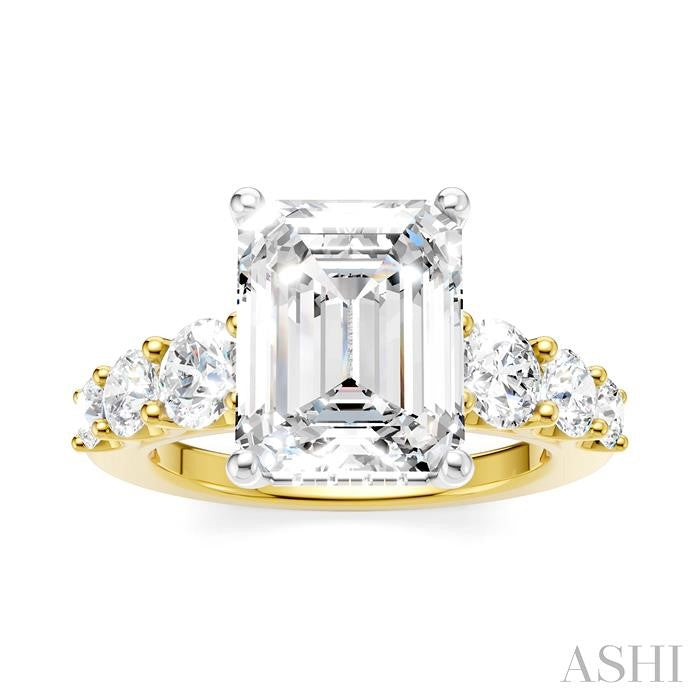 1 1/5 Ctw Emerald Shape Round Cut Diamond Semi-Mount Engagement Ring in 14K Yellow and White Gold