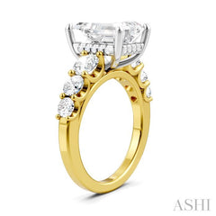 1 1/5 Ctw Emerald Shape Round Cut Diamond Semi-Mount Engagement Ring in 14K Yellow and White Gold