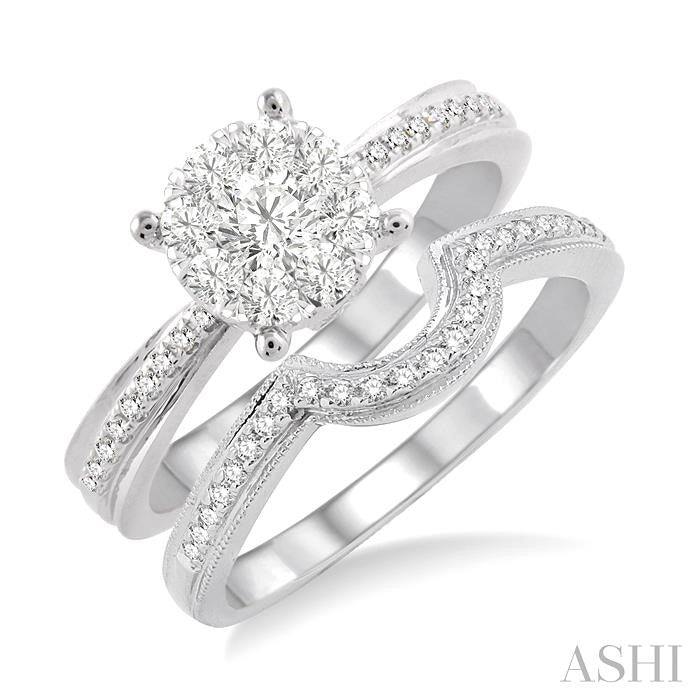 1 Ctw Diamond Wedding Set with 3/4 Ctw Lovebright Round Cut Engagement Ring and 1/4 Ctw Wedding Band in 14K White Gold