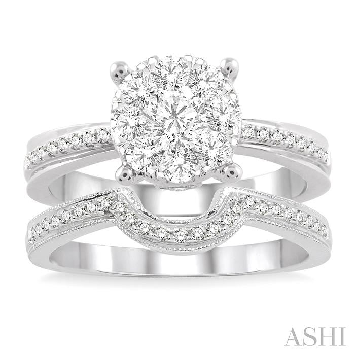 1 Ctw Diamond Wedding Set with 3/4 Ctw Lovebright Round Cut Engagement Ring and 1/4 Ctw Wedding Band in 14K White Gold