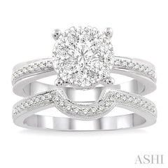 1 Ctw Diamond Wedding Set with 3/4 Ctw Lovebright Round Cut Engagement Ring and 1/4 Ctw Wedding Band in 14K White Gold
