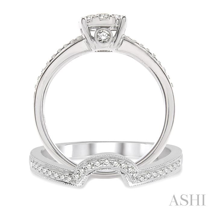 1 Ctw Diamond Wedding Set with 3/4 Ctw Lovebright Round Cut Engagement Ring and 1/4 Ctw Wedding Band in 14K White Gold
