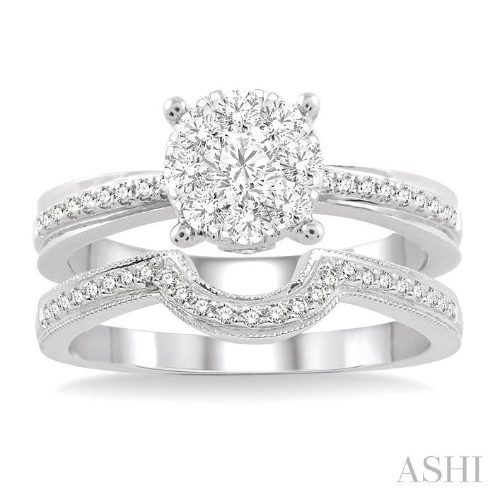 5/8 Ctw Diamond Wedding Set with 1/2 Ctw Lovebright Round Cut Engagement Ring and 1/10 Ctw Wedding Band in 14K White Gold