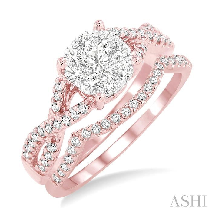 1/2 Ctw Diamond Wedding Set with 1/3 Ctw Lovebright Engagement Ring and 1/10 Ctw Wedding Band in 14K Rose and White Gold