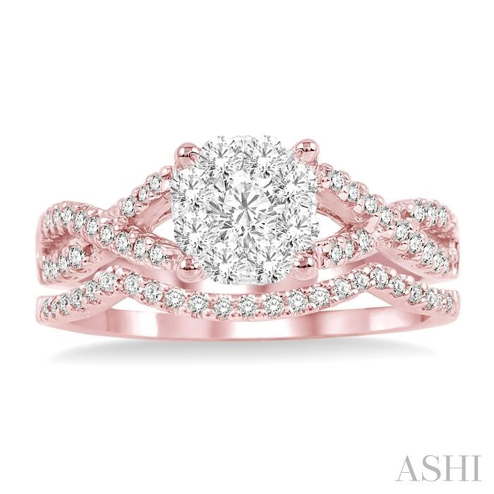1/2 Ctw Diamond Wedding Set with 1/3 Ctw Lovebright Engagement Ring and 1/10 Ctw Wedding Band in 14K Rose and White Gold