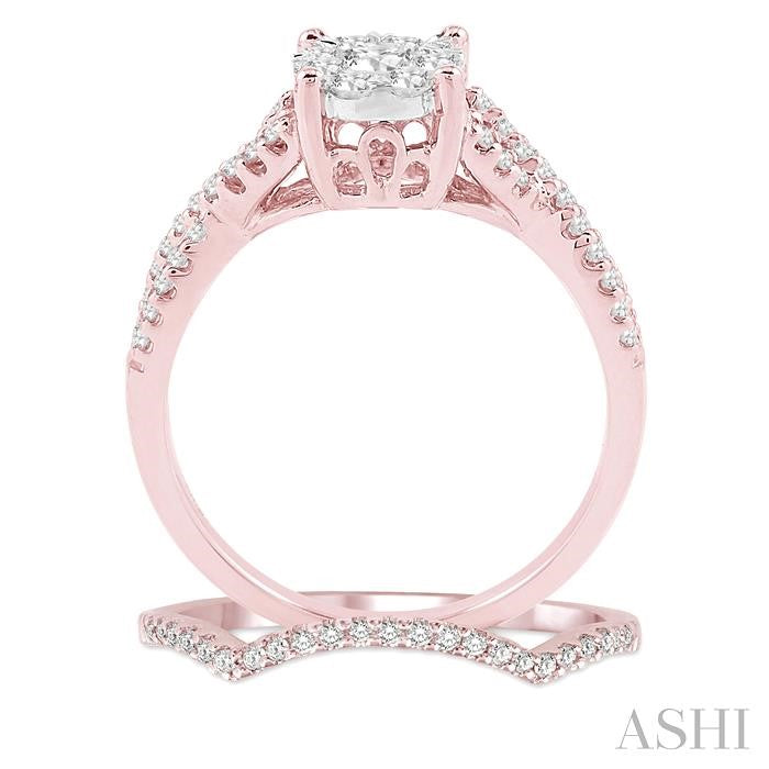 1/2 Ctw Diamond Wedding Set with 1/3 Ctw Lovebright Engagement Ring and 1/10 Ctw Wedding Band in 14K Rose and White Gold