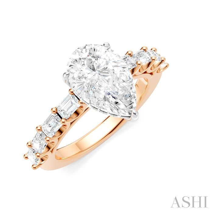 7/8 Ctw Pear Shape Emerald and Round Cut Diamond Semi-Mount Engagement Ring in 14K Rose and White Gold