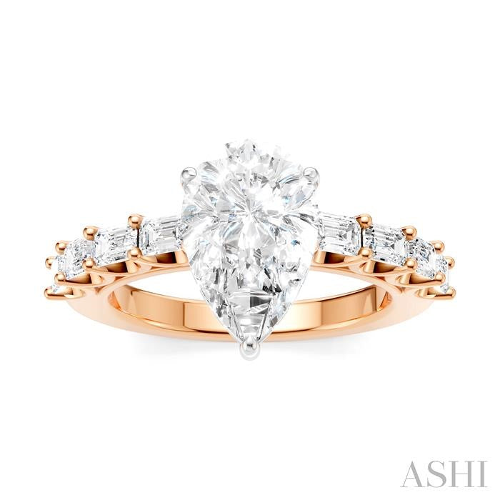 7/8 Ctw Pear Shape Emerald and Round Cut Diamond Semi-Mount Engagement Ring in 14K Rose and White Gold