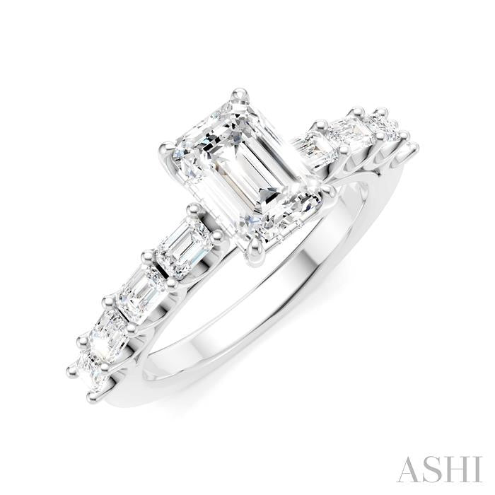 7/8 Ctw Emerald Shape Emerald and Round Cut Diamond Semi-Mount Engagement Ring in 14K White Gold