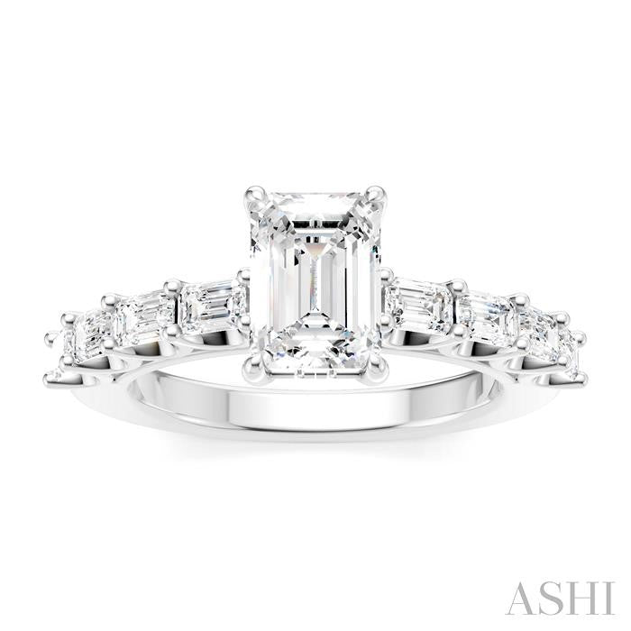 7/8 Ctw Emerald Shape Emerald and Round Cut Diamond Semi-Mount Engagement Ring in 14K White Gold