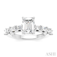 7/8 Ctw Emerald Shape Emerald and Round Cut Diamond Semi-Mount Engagement Ring in 14K White Gold