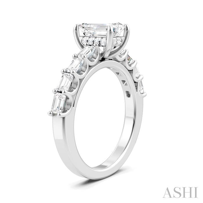 7/8 Ctw Emerald Shape Emerald and Round Cut Diamond Semi-Mount Engagement Ring in 14K White Gold