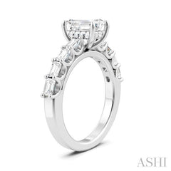 7/8 Ctw Emerald Shape Emerald and Round Cut Diamond Semi-Mount Engagement Ring in 14K White Gold