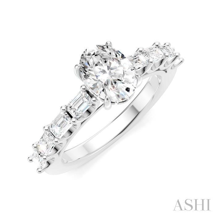 7/8 Ctw Oval Shape Emerald and Round Cut Diamond Semi-Mount Engagement Ring in 14K White Gold