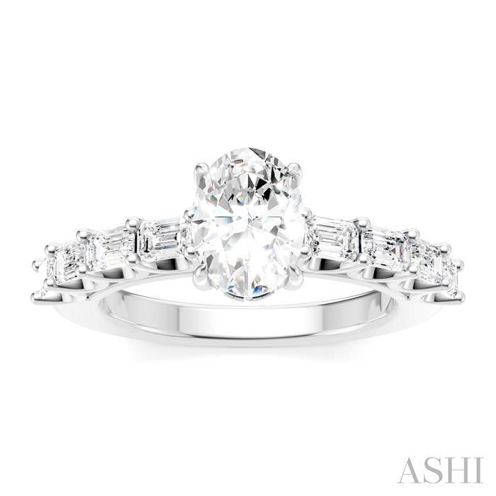 7/8 Ctw Oval Shape Emerald and Round Cut Diamond Semi-Mount Engagement Ring in 14K White Gold